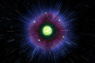66418110 - close up of colorful neon atomic particle background, 3d illustration